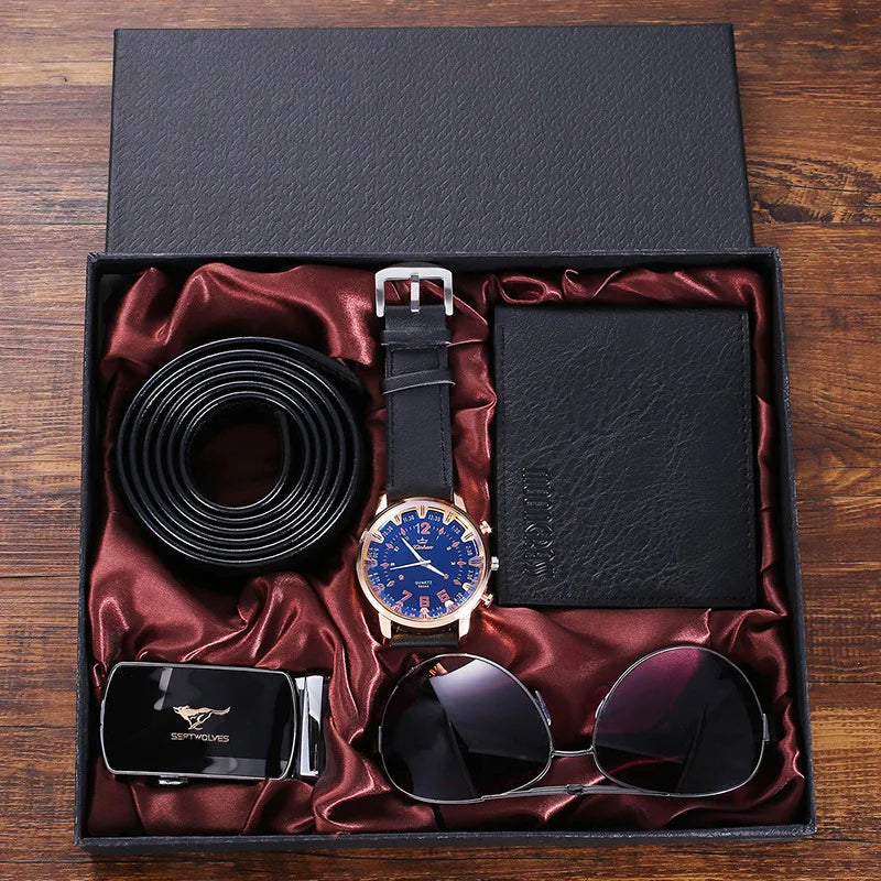 Roadmen Septwolves 4pcs Men's Gift Set Fashion Watch, Glasses, Leather, Belt, Wallet Black or Brown