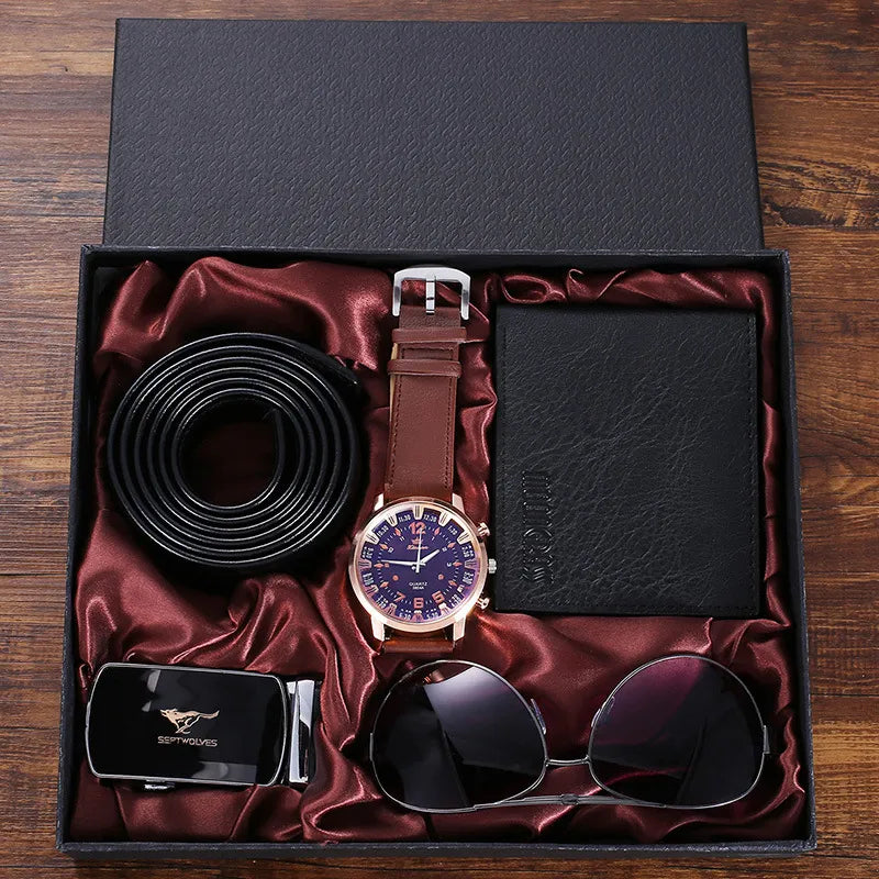 Roadmen Septwolves 4pcs Men's Gift Set Fashion Watch, Glasses, Leather, Belt, Wallet Black or Brown