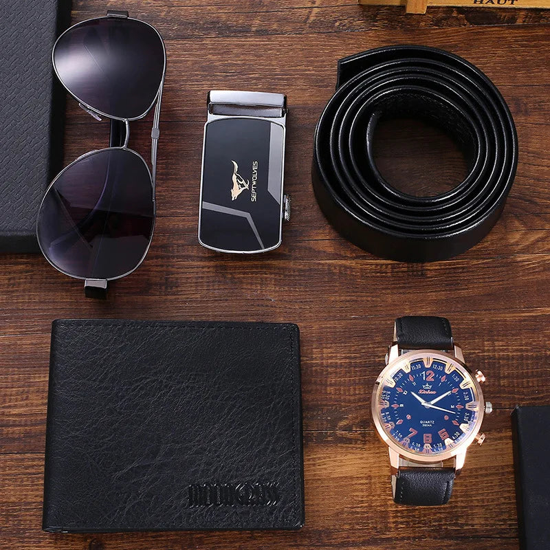 Roadmen Septwolves 4pcs Men's Gift Set Fashion Watch, Glasses, Leather, Belt, Wallet Black or Brown