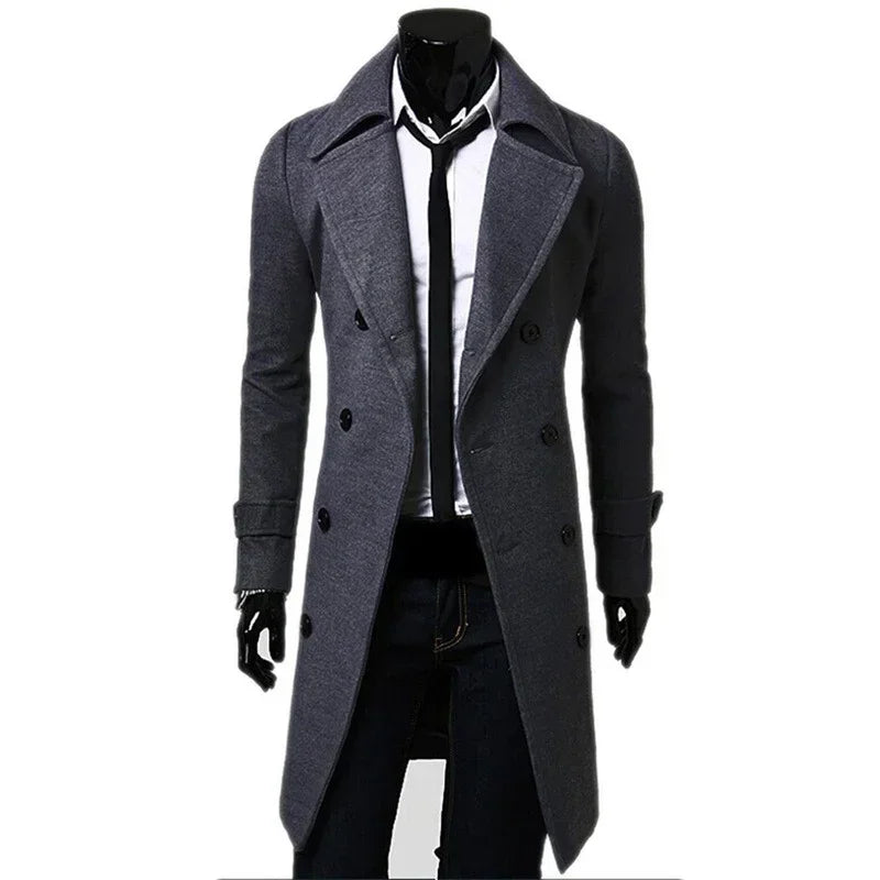 Mens Double Breasted Trench Coat Wool Blend 2024 Autumn Winter Solid Casual Slim Fit Long Jacket Wool Coat Fashion Mens Clothing